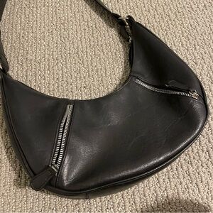 Black Leather Shoulder Bag with Silver Zippers